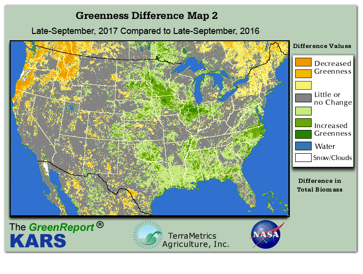 Color-coded U.S. vegetation greeness index map for Period 39 of 2017, illustrating spatial variations in plant vigor, with greener tones indicating higher biomass and browner tones indicating stressed vegetation,
              comparing current crop/vegetation change in biomass to same period from the previous year.