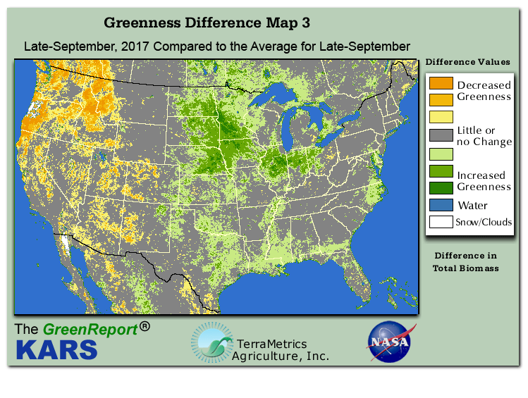 Color-coded U.S. vegetation greeness index map for Period 39 of 2017, illustrating spatial variations in plant vigor, with greener tones indicating higher biomass and browner tones indicating stressed vegetation,
              comparing current crop/vegetation change in biomass to the 20-year greenness average.