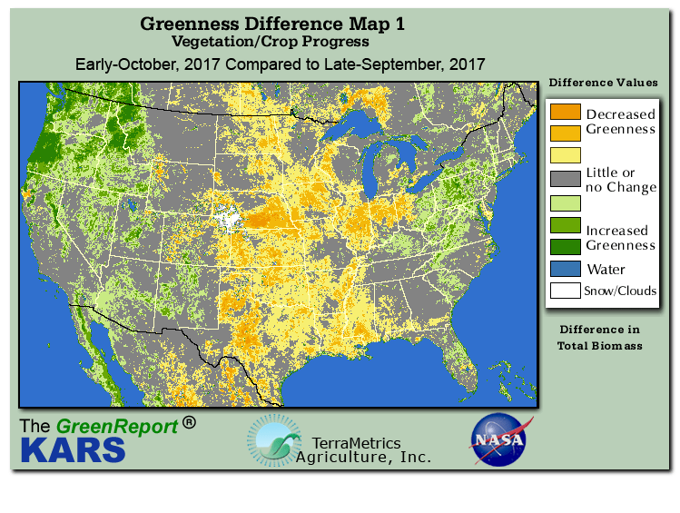 Color-coded U.S. vegetation greeness index map for Period 40 of 2017, illustrating spatial variations in plant vigor, with greener tones indicating higher biomass and browner tones indicating stressed vegetation,
              comparing current crop/vegetation change in biomass to the previous week within the same year.