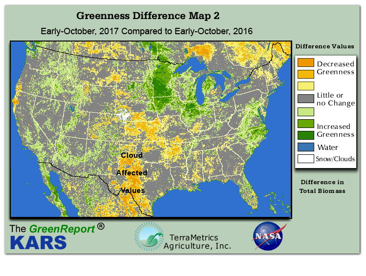 Color-coded U.S. vegetation greeness index map for Period 40 of 2017, illustrating spatial variations in plant vigor, with greener tones indicating higher biomass and browner tones indicating stressed vegetation,
              comparing current crop/vegetation change in biomass to same period from the previous year.