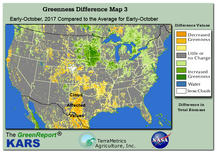 Color-coded U.S. vegetation greeness index map for Period 40 of 2017, illustrating spatial variations in plant vigor, with greener tones indicating higher biomass and browner tones indicating stressed vegetation,
              comparing current crop/vegetation change in biomass to the 20-year greenness average.