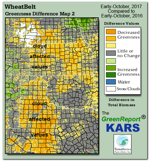 Color-coded Wheat Belt vegetation greeness index map for Period 40 of 2017, illustrating spatial variations in plant vigor, with greener tones indicating higher biomass and browner tones indicating stressed vegetation,
              comparing current crop/vegetation change in biomass to same period from the previous year.