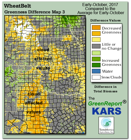 Color-coded Wheat Belt vegetation greeness index map for Period 40 of 2017, illustrating spatial variations in plant vigor, with greener tones indicating higher biomass and browner tones indicating stressed vegetation,
              comparing current crop/vegetation change in biomass to the 20-year greenness average.
