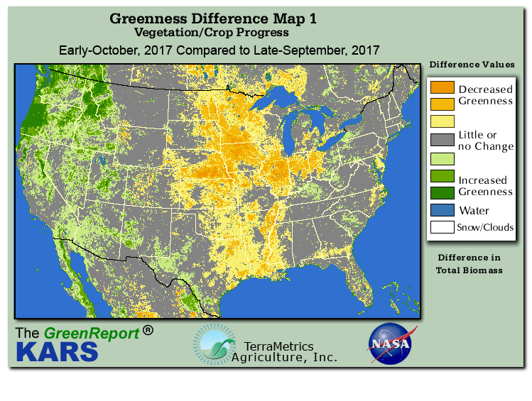 Color-coded U.S. vegetation greeness index map for Period 41 of 2017, illustrating spatial variations in plant vigor, with greener tones indicating higher biomass and browner tones indicating stressed vegetation,
              comparing current crop/vegetation change in biomass to the previous week within the same year.