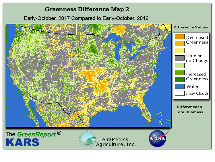 Color-coded U.S. vegetation greeness index map for Period 41 of 2017, illustrating spatial variations in plant vigor, with greener tones indicating higher biomass and browner tones indicating stressed vegetation,
              comparing current crop/vegetation change in biomass to same period from the previous year.