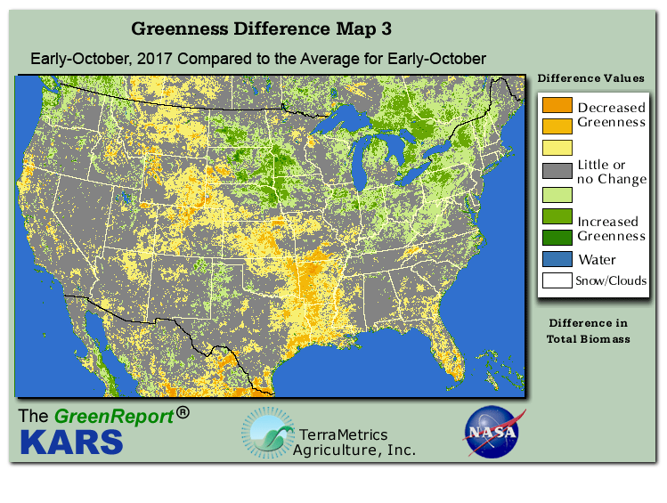 Color-coded U.S. vegetation greeness index map for Period 41 of 2017, illustrating spatial variations in plant vigor, with greener tones indicating higher biomass and browner tones indicating stressed vegetation,
              comparing current crop/vegetation change in biomass to the 20-year greenness average.