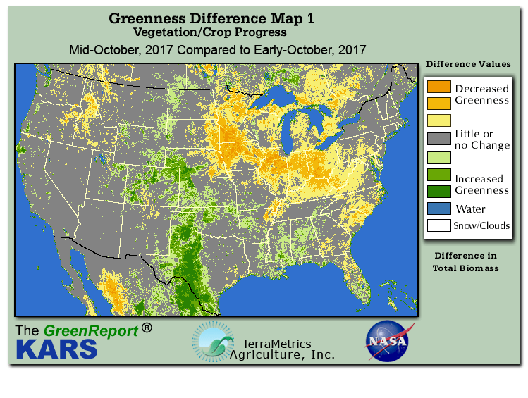 Color-coded U.S. vegetation greeness index map for Period 42 of 2017, illustrating spatial variations in plant vigor, with greener tones indicating higher biomass and browner tones indicating stressed vegetation,
              comparing current crop/vegetation change in biomass to the previous week within the same year.