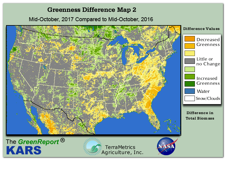 Color-coded U.S. vegetation greeness index map for Period 42 of 2017, illustrating spatial variations in plant vigor, with greener tones indicating higher biomass and browner tones indicating stressed vegetation,
              comparing current crop/vegetation change in biomass to same period from the previous year.