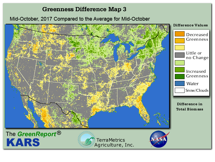 Color-coded U.S. vegetation greeness index map for Period 42 of 2017, illustrating spatial variations in plant vigor, with greener tones indicating higher biomass and browner tones indicating stressed vegetation,
              comparing current crop/vegetation change in biomass to the 20-year greenness average.