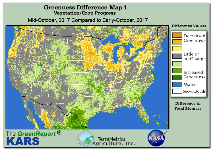 Color-coded U.S. vegetation greeness index map for Period 43 of 2017, illustrating spatial variations in plant vigor, with greener tones indicating higher biomass and browner tones indicating stressed vegetation,
              comparing current crop/vegetation change in biomass to the previous week within the same year.