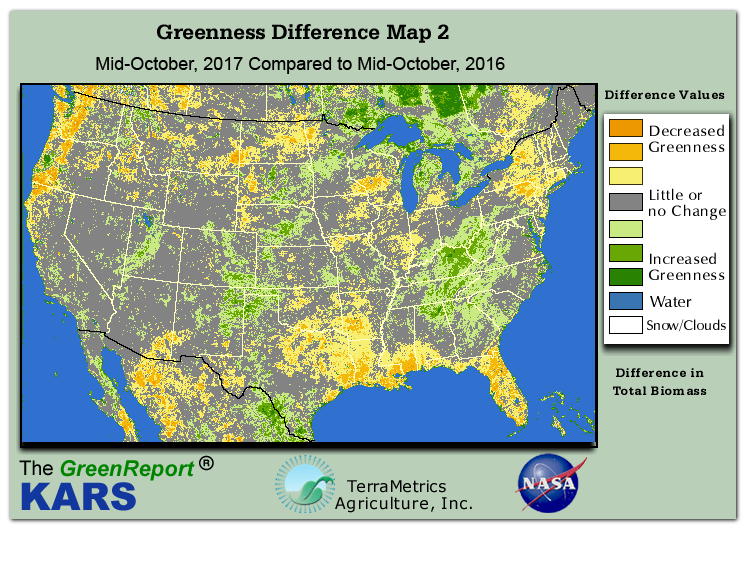 Color-coded U.S. vegetation greeness index map for Period 43 of 2017, illustrating spatial variations in plant vigor, with greener tones indicating higher biomass and browner tones indicating stressed vegetation,
              comparing current crop/vegetation change in biomass to same period from the previous year.