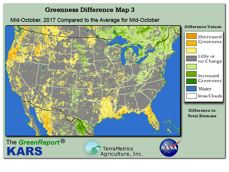 Color-coded U.S. vegetation greeness index map for Period 43 of 2017, illustrating spatial variations in plant vigor, with greener tones indicating higher biomass and browner tones indicating stressed vegetation,
              comparing current crop/vegetation change in biomass to the 20-year greenness average.