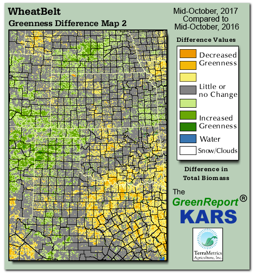 Color-coded Wheat Belt vegetation greeness index map for Period 43 of 2017, illustrating spatial variations in plant vigor, with greener tones indicating higher biomass and browner tones indicating stressed vegetation,
              comparing current crop/vegetation change in biomass to same period from the previous year.