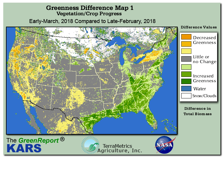 Color-coded U.S. vegetation greeness index map for Period 11 of 2018, illustrating spatial variations in plant vigor, with greener tones indicating higher biomass and browner tones indicating stressed vegetation,
              comparing current crop/vegetation change in biomass to the previous week within the same year.