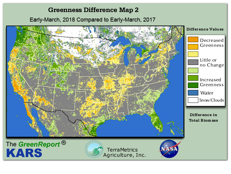 Color-coded U.S. vegetation greeness index map for Period 11 of 2018, illustrating spatial variations in plant vigor, with greener tones indicating higher biomass and browner tones indicating stressed vegetation,
              comparing current crop/vegetation change in biomass to same period from the previous year.