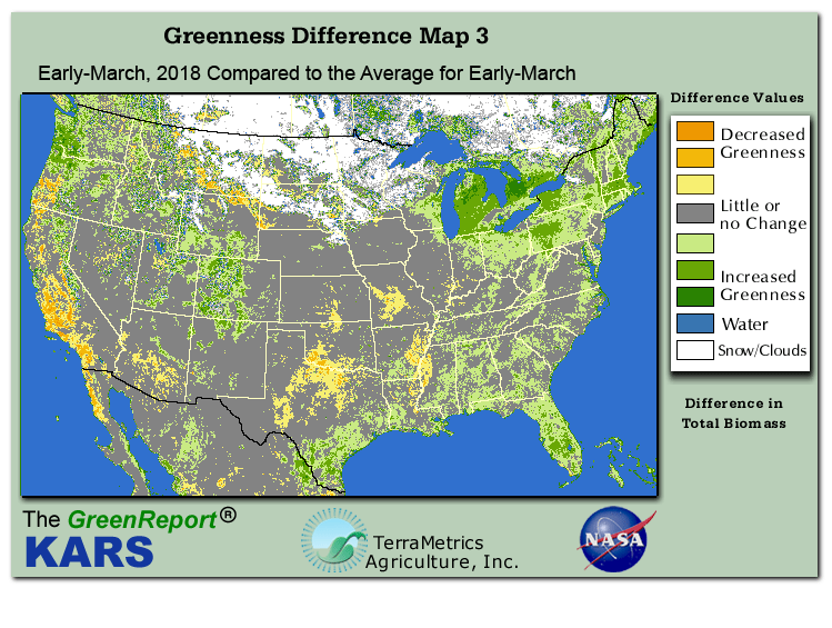 Color-coded U.S. vegetation greeness index map for Period 11 of 2018, illustrating spatial variations in plant vigor, with greener tones indicating higher biomass and browner tones indicating stressed vegetation,
              comparing current crop/vegetation change in biomass to the 20-year greenness average.