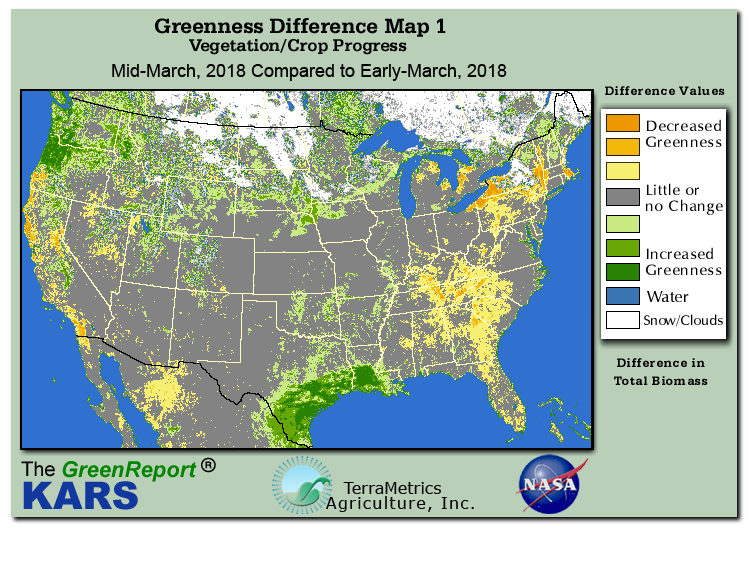 Color-coded U.S. vegetation greeness index map for Period 12 of 2018, illustrating spatial variations in plant vigor, with greener tones indicating higher biomass and browner tones indicating stressed vegetation,
              comparing current crop/vegetation change in biomass to the previous week within the same year.