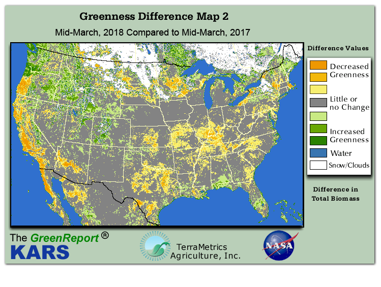 Color-coded U.S. vegetation greeness index map for Period 12 of 2018, illustrating spatial variations in plant vigor, with greener tones indicating higher biomass and browner tones indicating stressed vegetation,
              comparing current crop/vegetation change in biomass to same period from the previous year.