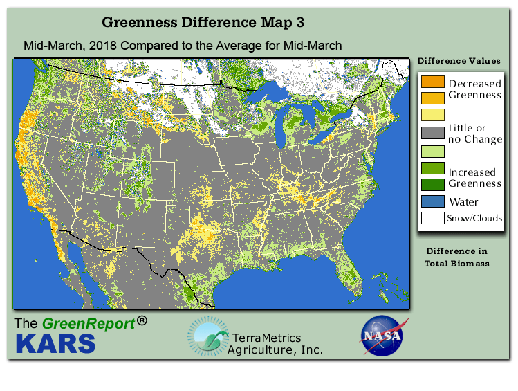 Color-coded U.S. vegetation greeness index map for Period 12 of 2018, illustrating spatial variations in plant vigor, with greener tones indicating higher biomass and browner tones indicating stressed vegetation,
              comparing current crop/vegetation change in biomass to the 20-year greenness average.
