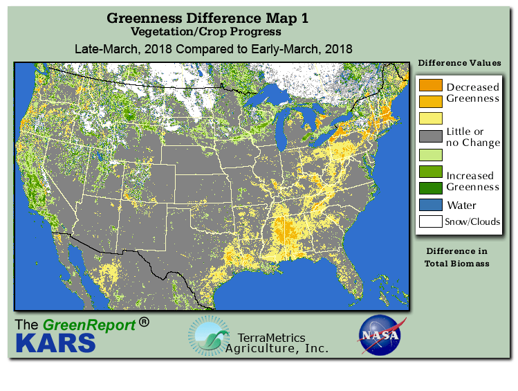 Color-coded U.S. vegetation greeness index map for Period 13 of 2018, illustrating spatial variations in plant vigor, with greener tones indicating higher biomass and browner tones indicating stressed vegetation,
              comparing current crop/vegetation change in biomass to the previous week within the same year.