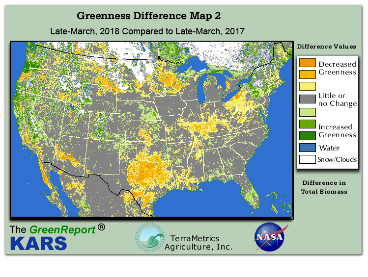 Color-coded U.S. vegetation greeness index map for Period 13 of 2018, illustrating spatial variations in plant vigor, with greener tones indicating higher biomass and browner tones indicating stressed vegetation,
              comparing current crop/vegetation change in biomass to same period from the previous year.