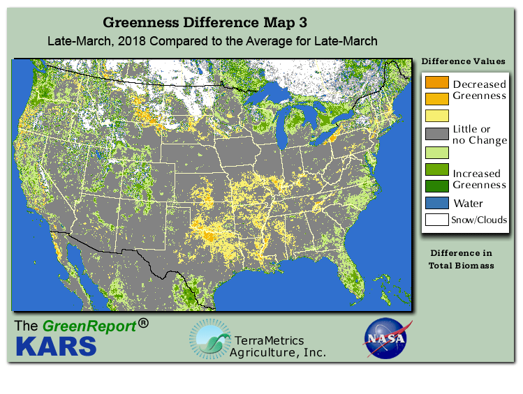Color-coded U.S. vegetation greeness index map for Period 13 of 2018, illustrating spatial variations in plant vigor, with greener tones indicating higher biomass and browner tones indicating stressed vegetation,
              comparing current crop/vegetation change in biomass to the 20-year greenness average.