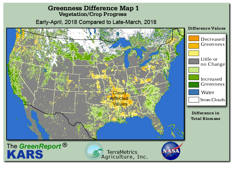 Color-coded U.S. vegetation greeness index map for Period 14 of 2018, illustrating spatial variations in plant vigor, with greener tones indicating higher biomass and browner tones indicating stressed vegetation,
              comparing current crop/vegetation change in biomass to the previous week within the same year.