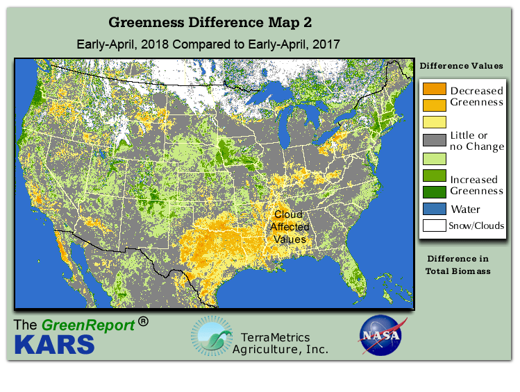 Color-coded U.S. vegetation greeness index map for Period 14 of 2018, illustrating spatial variations in plant vigor, with greener tones indicating higher biomass and browner tones indicating stressed vegetation,
              comparing current crop/vegetation change in biomass to same period from the previous year.