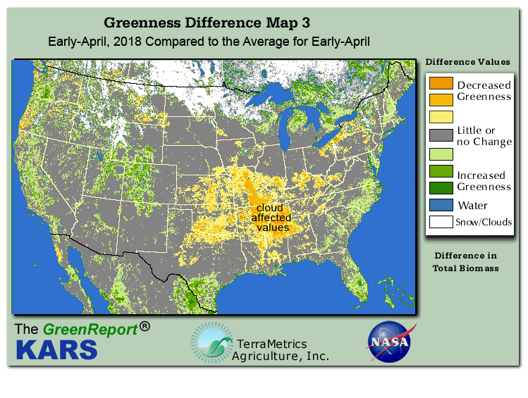 Color-coded U.S. vegetation greeness index map for Period 14 of 2018, illustrating spatial variations in plant vigor, with greener tones indicating higher biomass and browner tones indicating stressed vegetation,
              comparing current crop/vegetation change in biomass to the 20-year greenness average.