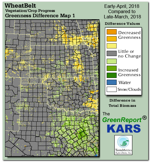 Color-coded Wheat Belt vegetation greeness index map for Period 14 of 2018, illustrating spatial variations in plant vigor, with greener tones indicating higher biomass and browner tones indicating stressed vegetation,
              comparing current crop/vegetation change in biomass to the previous week within the same year.