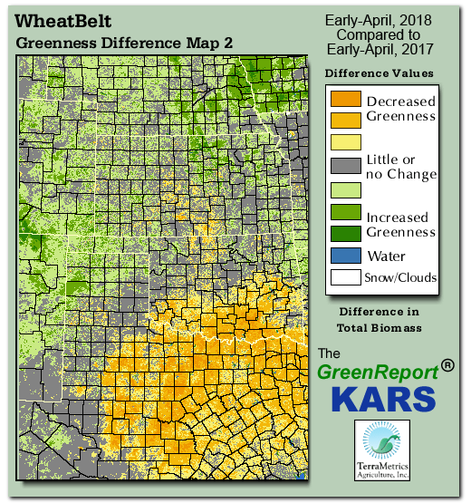 Color-coded Wheat Belt vegetation greeness index map for Period 14 of 2018, illustrating spatial variations in plant vigor, with greener tones indicating higher biomass and browner tones indicating stressed vegetation,
              comparing current crop/vegetation change in biomass to same period from the previous year.