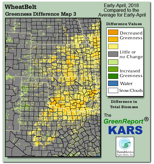 Color-coded Wheat Belt vegetation greeness index map for Period 14 of 2018, illustrating spatial variations in plant vigor, with greener tones indicating higher biomass and browner tones indicating stressed vegetation,
              comparing current crop/vegetation change in biomass to the 20-year greenness average.