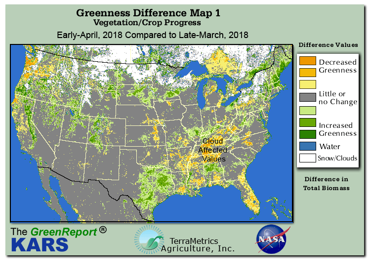 Color-coded U.S. vegetation greeness index map for Period 15 of 2018, illustrating spatial variations in plant vigor, with greener tones indicating higher biomass and browner tones indicating stressed vegetation,
              comparing current crop/vegetation change in biomass to the previous week within the same year.