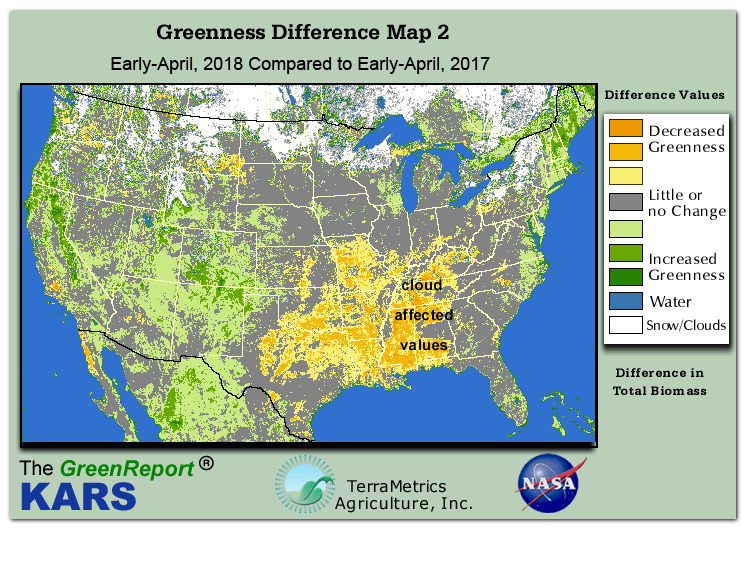 Color-coded U.S. vegetation greeness index map for Period 15 of 2018, illustrating spatial variations in plant vigor, with greener tones indicating higher biomass and browner tones indicating stressed vegetation,
              comparing current crop/vegetation change in biomass to same period from the previous year.
