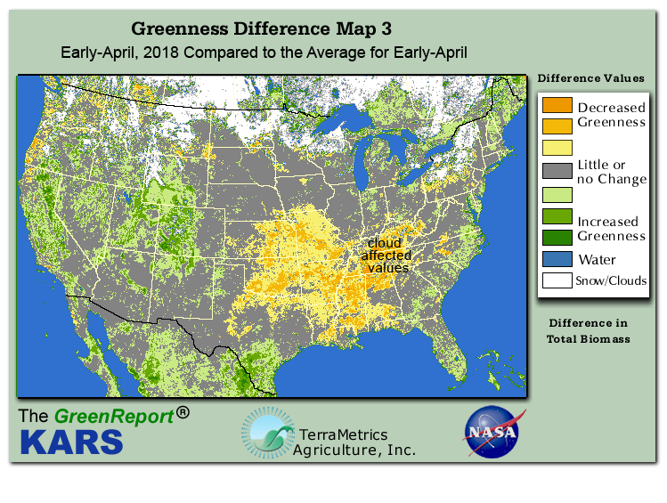 Color-coded U.S. vegetation greeness index map for Period 15 of 2018, illustrating spatial variations in plant vigor, with greener tones indicating higher biomass and browner tones indicating stressed vegetation,
              comparing current crop/vegetation change in biomass to the 20-year greenness average.