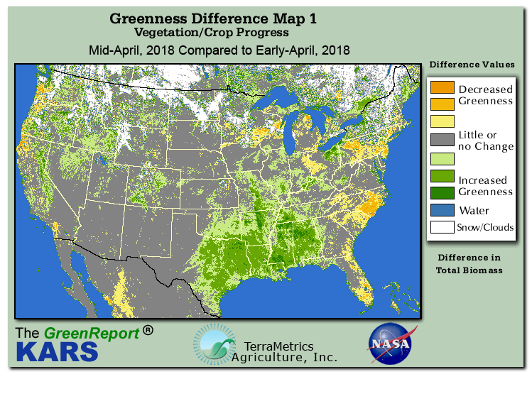 Color-coded U.S. vegetation greeness index map for Period 16 of 2018, illustrating spatial variations in plant vigor, with greener tones indicating higher biomass and browner tones indicating stressed vegetation,
              comparing current crop/vegetation change in biomass to the previous week within the same year.