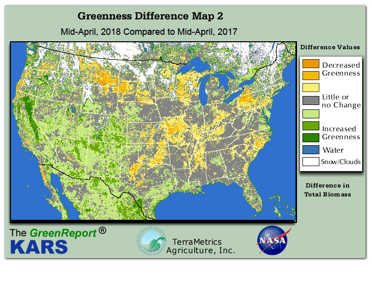 Color-coded U.S. vegetation greeness index map for Period 16 of 2018, illustrating spatial variations in plant vigor, with greener tones indicating higher biomass and browner tones indicating stressed vegetation,
              comparing current crop/vegetation change in biomass to same period from the previous year.