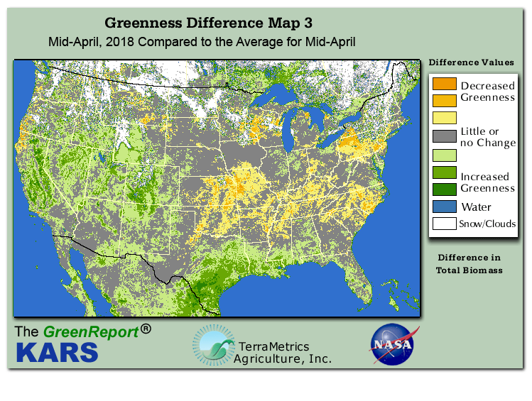 Color-coded U.S. vegetation greeness index map for Period 16 of 2018, illustrating spatial variations in plant vigor, with greener tones indicating higher biomass and browner tones indicating stressed vegetation,
              comparing current crop/vegetation change in biomass to the 20-year greenness average.