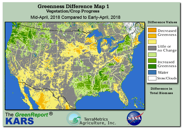 Color-coded U.S. vegetation greeness index map for Period 17 of 2018, illustrating spatial variations in plant vigor, with greener tones indicating higher biomass and browner tones indicating stressed vegetation,
              comparing current crop/vegetation change in biomass to the previous week within the same year.