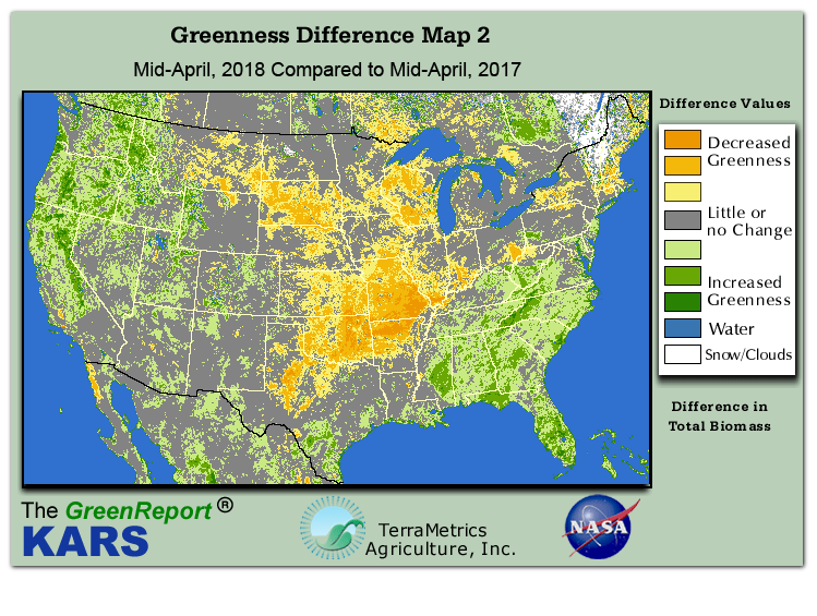 Color-coded U.S. vegetation greeness index map for Period 17 of 2018, illustrating spatial variations in plant vigor, with greener tones indicating higher biomass and browner tones indicating stressed vegetation,
              comparing current crop/vegetation change in biomass to same period from the previous year.