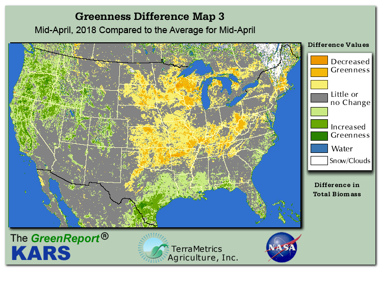 Color-coded U.S. vegetation greeness index map for Period 17 of 2018, illustrating spatial variations in plant vigor, with greener tones indicating higher biomass and browner tones indicating stressed vegetation,
              comparing current crop/vegetation change in biomass to the 20-year greenness average.