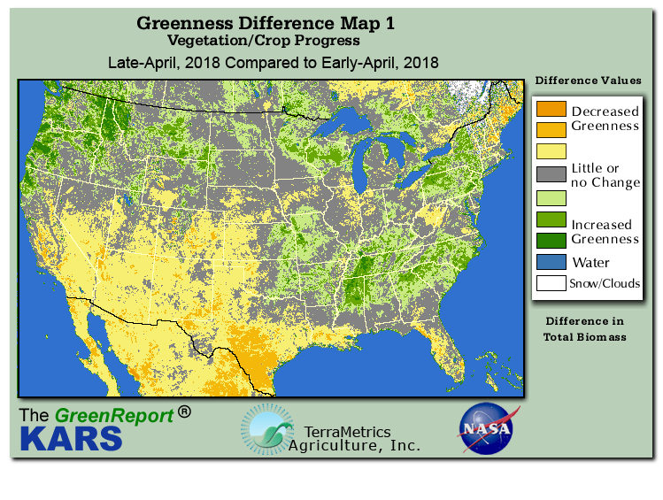 Color-coded U.S. vegetation greeness index map for Period 18 of 2018, illustrating spatial variations in plant vigor, with greener tones indicating higher biomass and browner tones indicating stressed vegetation,
              comparing current crop/vegetation change in biomass to the previous week within the same year.