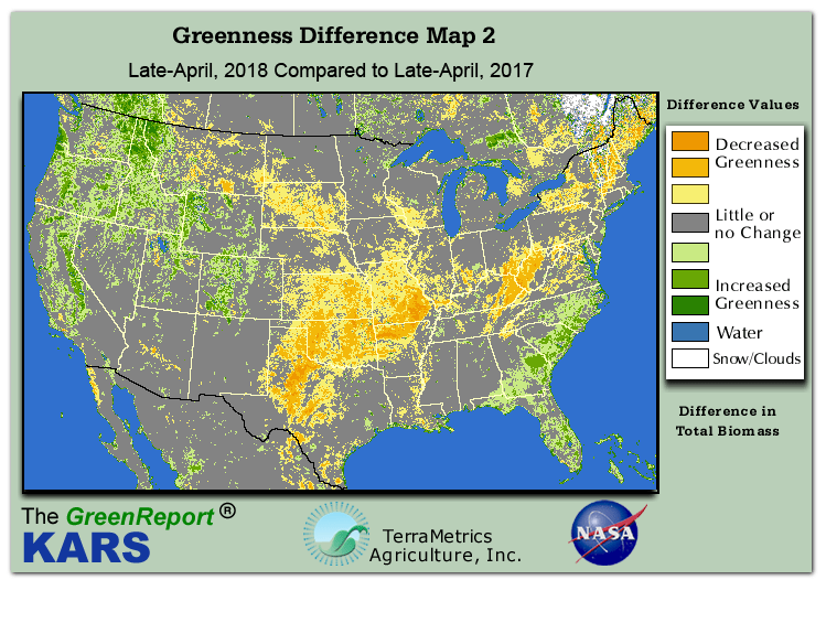 Color-coded U.S. vegetation greeness index map for Period 18 of 2018, illustrating spatial variations in plant vigor, with greener tones indicating higher biomass and browner tones indicating stressed vegetation,
              comparing current crop/vegetation change in biomass to same period from the previous year.