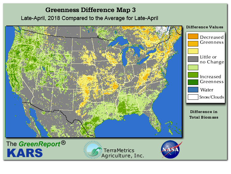 Color-coded U.S. vegetation greeness index map for Period 18 of 2018, illustrating spatial variations in plant vigor, with greener tones indicating higher biomass and browner tones indicating stressed vegetation,
              comparing current crop/vegetation change in biomass to the 20-year greenness average.