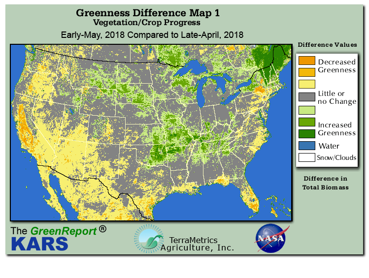 Color-coded U.S. vegetation greeness index map for Period 19 of 2018, illustrating spatial variations in plant vigor, with greener tones indicating higher biomass and browner tones indicating stressed vegetation,
              comparing current crop/vegetation change in biomass to the previous week within the same year.