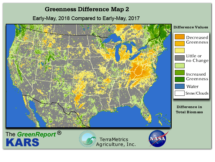 Color-coded U.S. vegetation greeness index map for Period 19 of 2018, illustrating spatial variations in plant vigor, with greener tones indicating higher biomass and browner tones indicating stressed vegetation,
              comparing current crop/vegetation change in biomass to same period from the previous year.