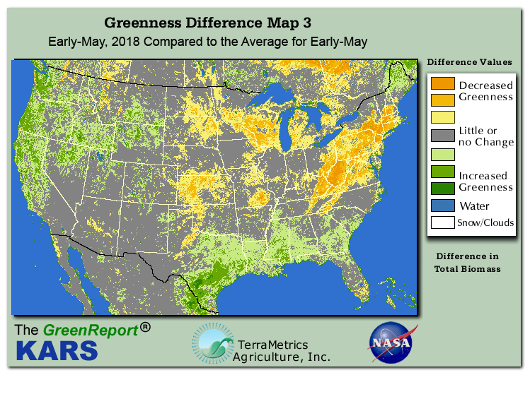 Color-coded U.S. vegetation greeness index map for Period 19 of 2018, illustrating spatial variations in plant vigor, with greener tones indicating higher biomass and browner tones indicating stressed vegetation,
              comparing current crop/vegetation change in biomass to the 20-year greenness average.