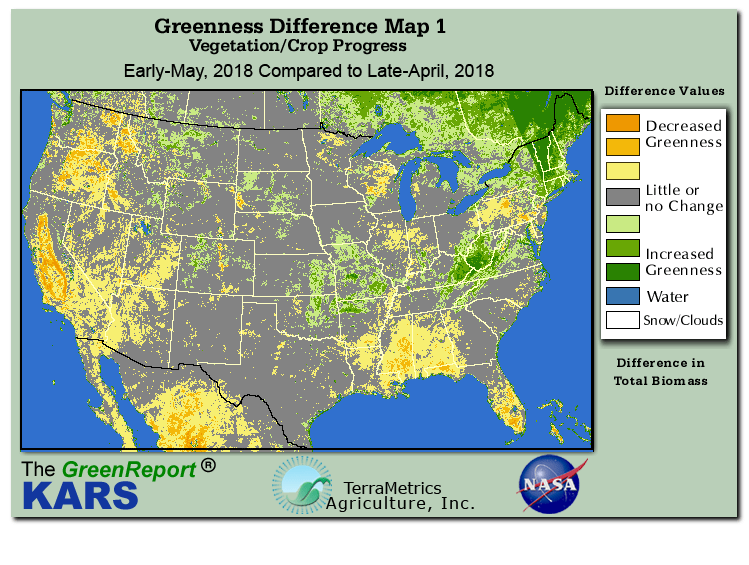 Color-coded U.S. vegetation greeness index map for Period 20 of 2018, illustrating spatial variations in plant vigor, with greener tones indicating higher biomass and browner tones indicating stressed vegetation,
              comparing current crop/vegetation change in biomass to the previous week within the same year.