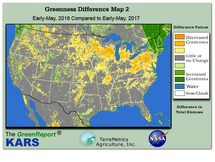 Color-coded U.S. vegetation greeness index map for Period 20 of 2018, illustrating spatial variations in plant vigor, with greener tones indicating higher biomass and browner tones indicating stressed vegetation,
              comparing current crop/vegetation change in biomass to same period from the previous year.