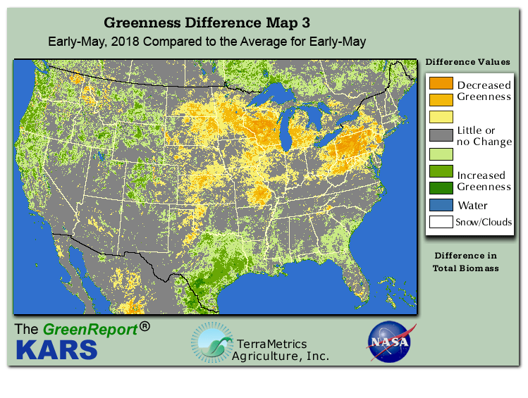 Color-coded U.S. vegetation greeness index map for Period 20 of 2018, illustrating spatial variations in plant vigor, with greener tones indicating higher biomass and browner tones indicating stressed vegetation,
              comparing current crop/vegetation change in biomass to the 20-year greenness average.